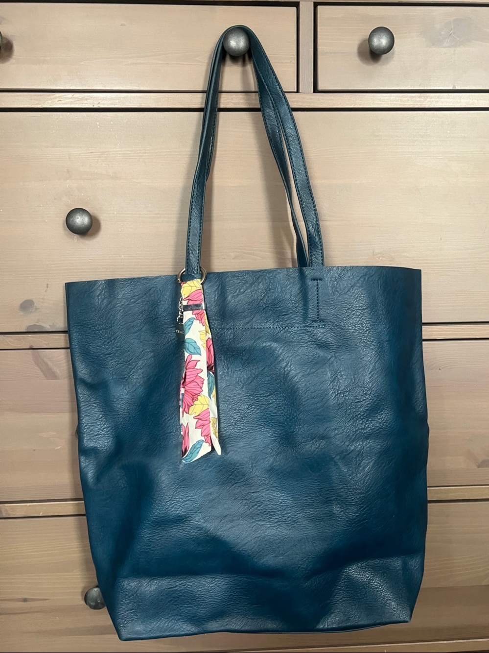 Deep Teal Leather Tote with Floral Scarf Accent